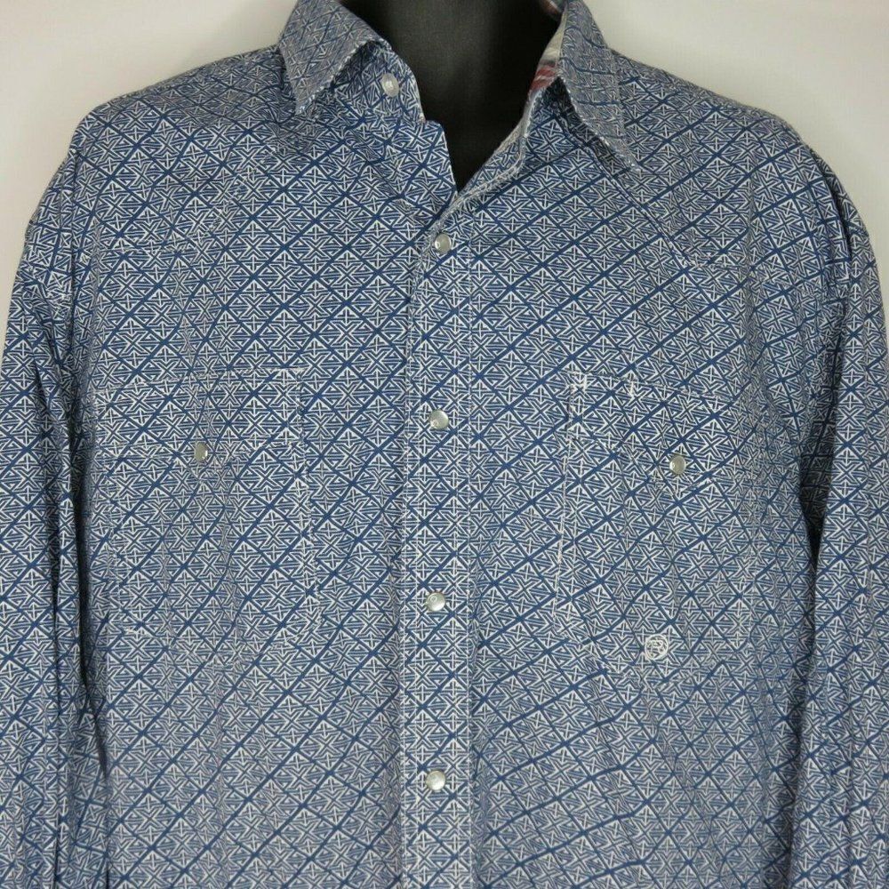Roper Western Button Front Shirt 2XL Pearl Snap Front Flip Cuff Blue White